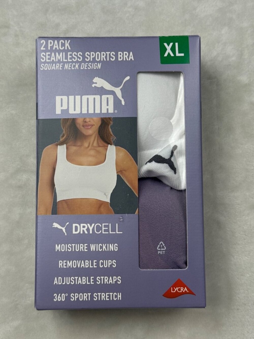 Puma Womens 2 Pack Seamless Sports Bra XL Adjustable Straps White & Lavender